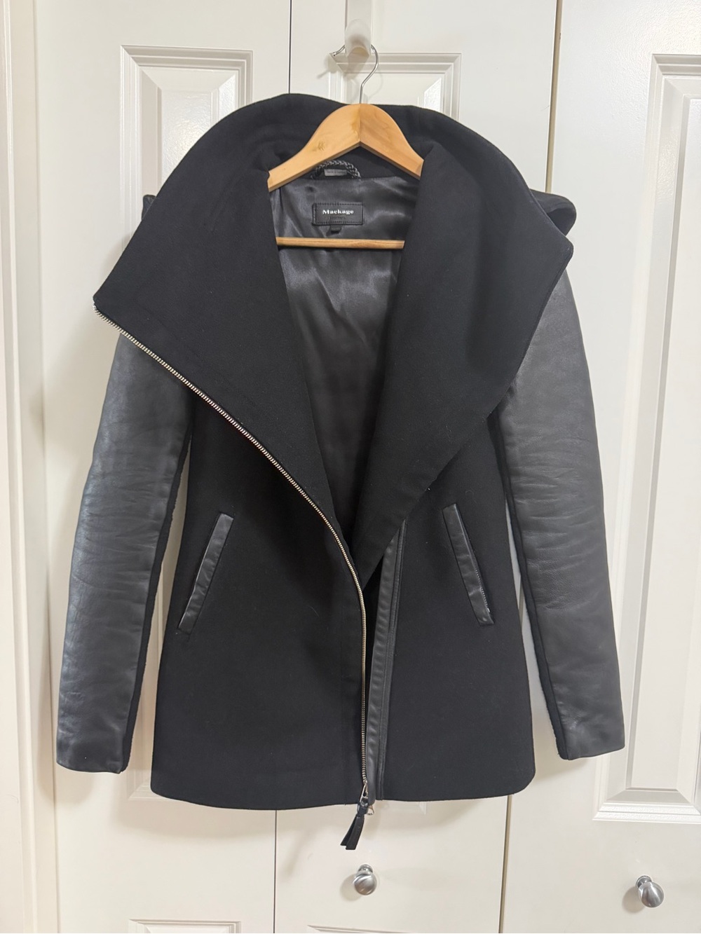 Mackage Black Wool Leather Sleeve Asymmetrical Zip Coat Jacket